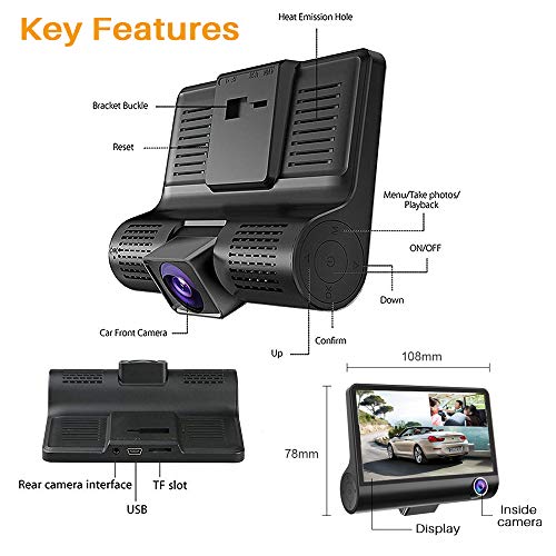 Car Dash Cam Front Inside Rear Video Recorder Camera Dual Dash Cam with 4 inch Reverse Full Screen Driving Recorder DVR HD 1080P Night Vision Parking Mode Seamless Recording