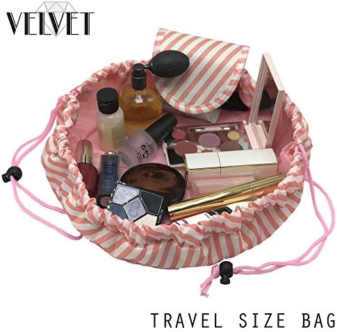 Toiletry Travel Bag | Lazy Drawstring Makeup Organizer with Magnetic Snap | Waterproof Cosmetic Pouch for Women, Men, Girls (Large 18 inches, White/Pink Stripes)