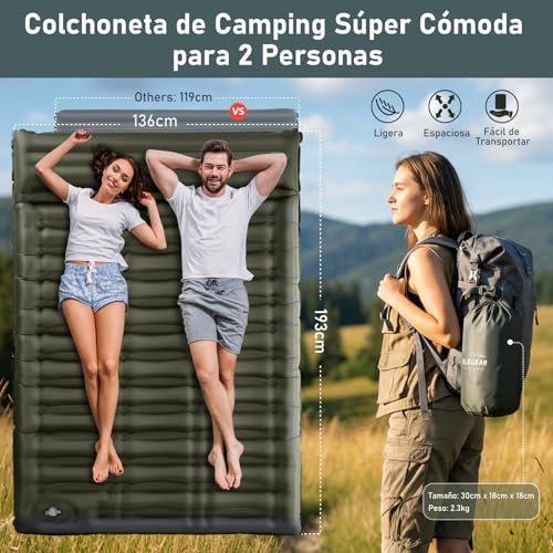 Elegear Doble Inflable Colchoneta Camping, 14CM Ultra-Thick Colchoneta Dormidos para 2 Personas con Bomba de Pie Incorporada, Colchon autohinchable para Acampar Mochileros Senderismo Tiendas, Verde