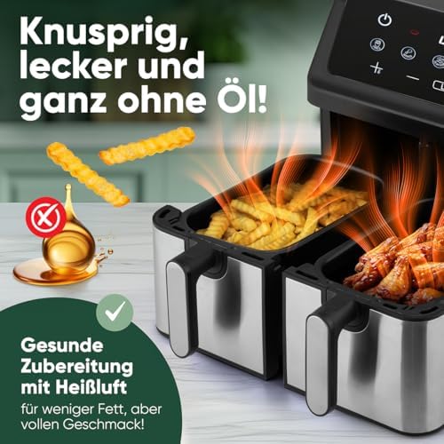 ProfiCook® Heißluftfritteuse 2 Kammern | Airfryer | 9 Liter | Heißluftfritteuse mit Zeitgleich-fertig-System | ohne Fett frittieren | Heissluftfritteuse | Behälter mit Antihaft | PC FR 1296 H