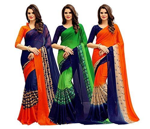 Pack of three printed work faux georgette saree for wom…