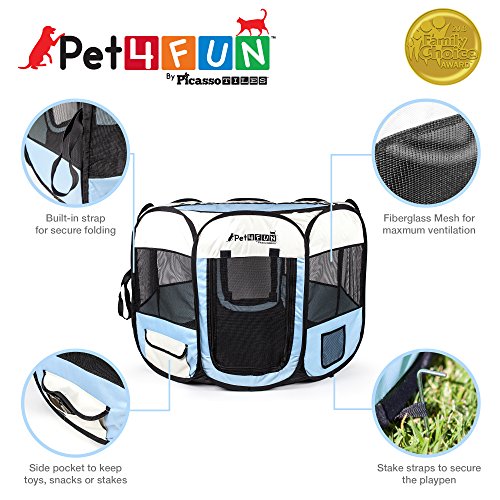 PicassoTiles PET4FUN PN935/PN945 Portable Pet Puppy Dog Cat Playpen Crates Kennel w/Water Resistant 600D Oxford, 210D Nylon, Carrying Bag, Collapsible Bowl, Removable Mesh Cover 2 Sizes