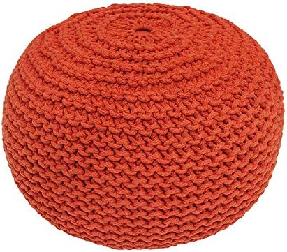 AZK Hand Knitted Cable Style Dori Pouf - Floor Ottoman - 100% Cotton Braid Cord - Handmade & Hand Stitched - Truly one of a Kind Seating - 20 x 14 Knitted Round Pouf 20" (Orange)