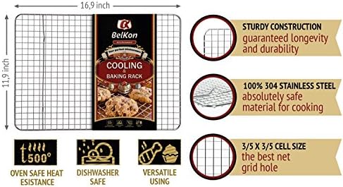 Premium Quality 12x17 Cooling Rack by BelKon Kitchenware, 100% Stainless Steel, Non-stick, Strong Thick Gauge Wire Grid, Oven &amp; Dishwasher safe, 500FHeat Resistance, Fits Half Sheet Pan