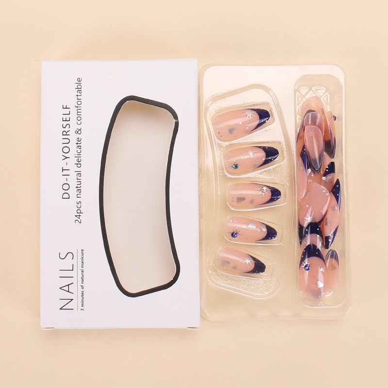 French Tip Press on Nails Medium Almond Fake Nails Blue Nails Tips Star Acrylic Nails with Rhinestone Glue on Nails Glossy Stick on Nails Artificial False Nails for Women Girls 24 Pcs - Image 6