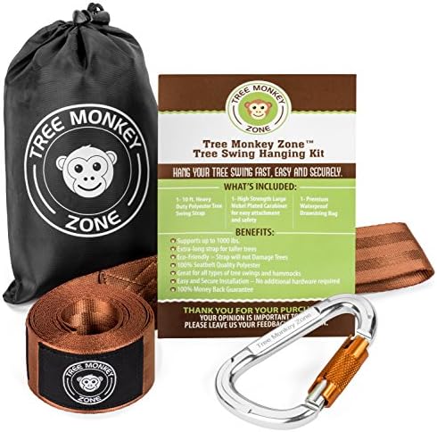 Tree Swing Hanging Kit 10 FT Extra Long - Single Strap - 1000+ lb Capacity - Plus Heavy Duty Carabiner With Safety Lock - Great for Outdoor Swings - Fast &amp; Easy Installation