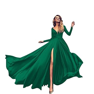 Retro Partykleid feiXIANG Abschlussball Kleid V-Ausschnitt Solide Swing Kleid Langes Cocktailkleid Langarm