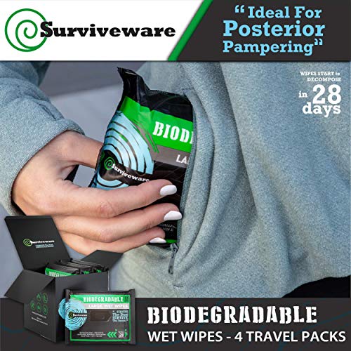 Surviveware Biodegradable Wet Wipes, Travel Pack, Face and Body Wipes
