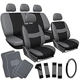 OxGord 21pc Black & Gray Flat Cloth Seat Cover and Carpet Floor Mat Set for the Toyota Camry Coupe, Airbag Compatible, Split Bench, Steering Wheel Cover Included