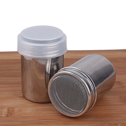LOHOME Stainless Steel Fancy Coffee Dredger Cocoa Powder Shaker with Fine-mesh Lid & Translucent Plastic Cover for Baking & Cooking At Home / Restaurant (4-Pieces)