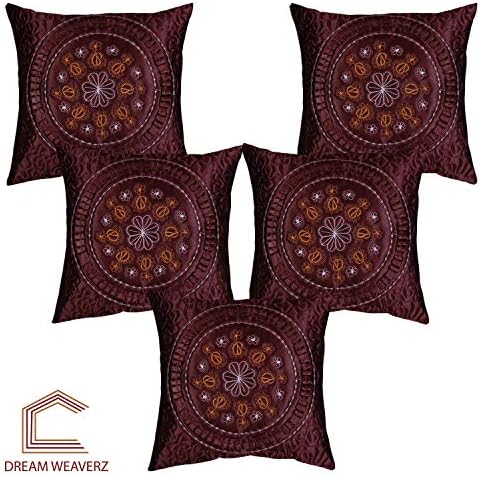 Dream Weaverz Soft Polyester 5 Piece Floral Embroided Square Shape Cushion Cover Set for Sofa/diwan - 16" X 16", Brown