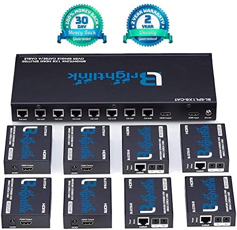 Brightlink HDMI Splitter Set Over Single Cat6 Ethernet Cable - Upto 165 Feet (50m) | 2 Way IR Remote Control | Full HD Video 1080P | Dolby Digital/DTS/ Master Audio | 1 Splitter x 8 Receivers (1x8)