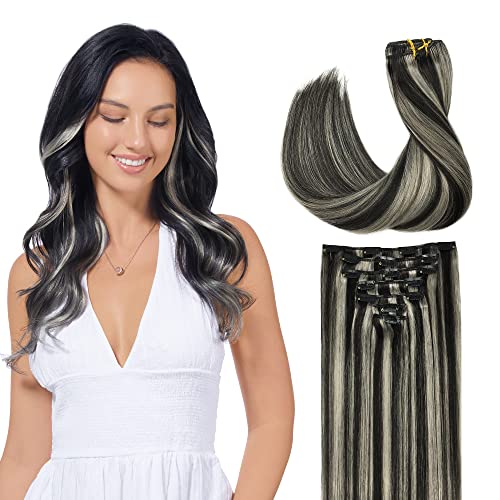 GOO GOO Clip in Hair Extensions Real Human Hair, Remy Human Hair Extensions Clip ins for Women, Natural Human Hair, 14inch 120g 7Pcs, 1B/Grey Natural Black Highlighted Grey