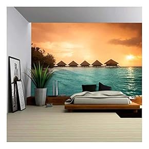 Over Water Bungalows with Steps into Amazing Green Lagoon - Removable Wall Mural | Self-Adhesive Large Wallpaper - 66x96 inches