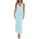 HOT ROEE Women's Sexy V Neck Tie Halter Mesh Ruffle Hem Ruched Bodycon Cocktail Party Maxi Dresses