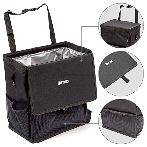 iKross Hanging Car Trash Organizer Bin Bag, Leakproof Auto Garbage Litter Storage Box with Cover Lid, Detachable Backseat Strap and Side Pockets - Black