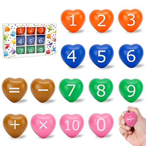 LOVESTOWN Math Stress Balls, 15PCS Multicolor Heart Shaped Balls Stress Relief Toys Squeeze Balls for Preschool Education Arithmetic Addition Subtraction Multiplication and Division