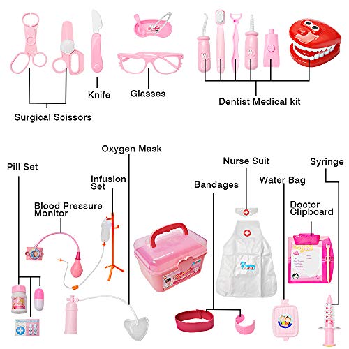 Toddler Doctor Kit with 34pcs Pretend Play Toys Dentist Medical Equipment Including Electronic Stethoscope and Dress Up Nurse Suit for Kids Girls Boys (Pink) - Thumbnail 3