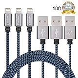 Cablex 3Pack 10FT Ultra Long Nylon Braided iPhone Charging Cable USB Cord Charger Compatible with iPhone 7/ 7Plus/ SE/ 6s/ 6 /6 Plus/ 6s Plus/ 5s/ 5c/ 5/ iPad Air/ Mini/ iPod Nano/ Touch (Blue)