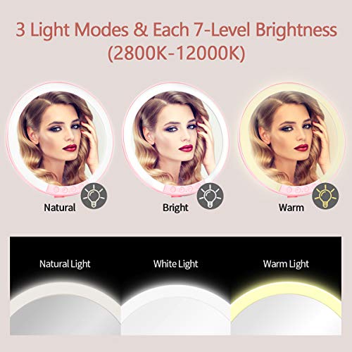 Morpilot Miroir de Maquillage Grossissant 7x Lumineux à Ventouse avec 66 Lumières LED Naturelles, Rotation à 120° et Fonctionnant sur batterie (Rose 2)