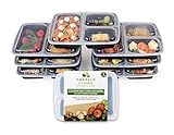 3 Compartment BPA Free Meal Prep Containers. Reusable Plastic Food Containers with Lids. Stackable, Microwavable, Freezer & Dishwasher Safe Bento Lunch Box Set + EBook (7, 3 Comp Raised Lids)