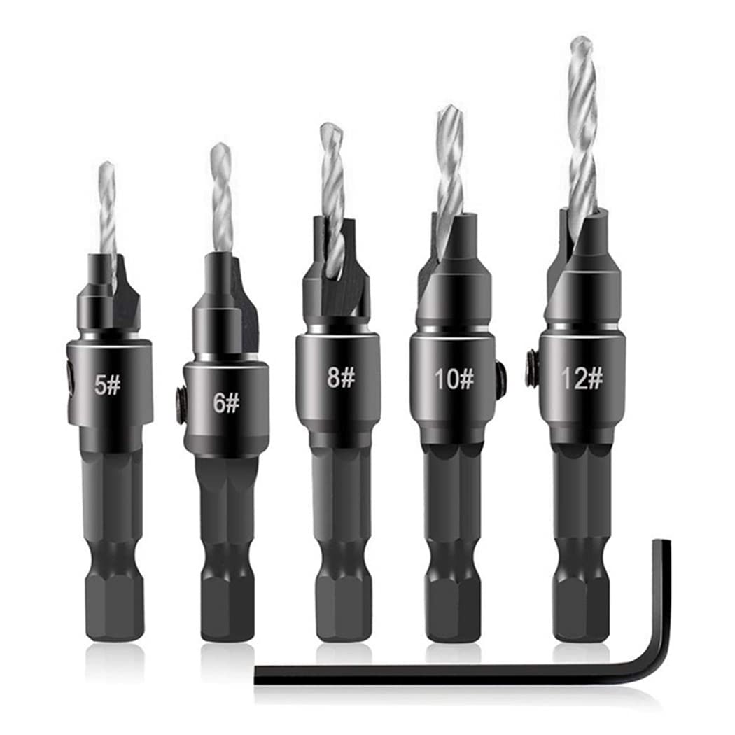 Countersink Drill Bit Set, 5Pcs Quick Change 1/4" Hex Shank Adjustable Countersink Set, 5pcs Free Replaceable Drill Bits with One Hex Wrench, Woodworking Countersink Drill Bits (Hexagon)