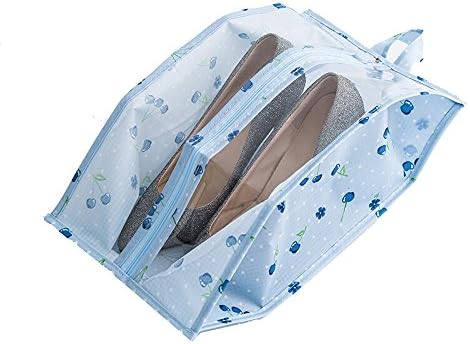 Shoe Tote Storage Bag Packing Organizer Multi-purpose Nylon Waterproof Portable Travel Bags Pouch Case with Zipper and Clear Window for Sports Golf Dance Shoes TSB02 (Blue Cheey x 2, 15.5 inch)