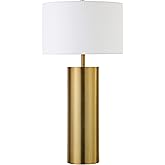 Henn&Hart 29.5" Mid-Century Modern 1-Light Table Lamp with White Fabric Drum Shade for Living Room, Bedroom, or Office, Brass