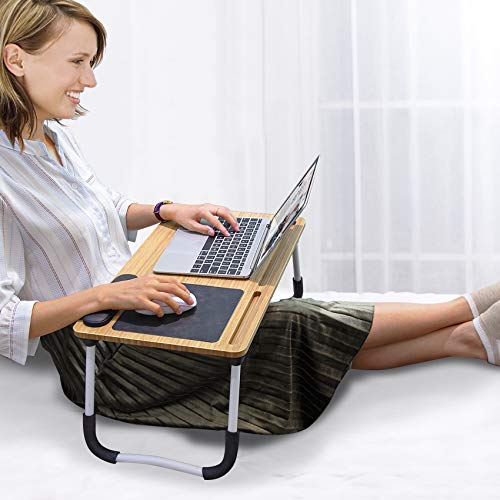 Lap Desk : Laptop Desk for Bed - Foldable Bamboo Laptop Table with Mouse Pad & Wrist pad for Notebook MacBook Working from Home