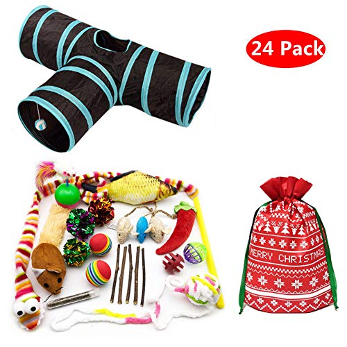 PetFavorites 24 Cat Toys Kitten Catnip Toys Variety Pack - 3 Way Tunnel, Interactive Wand, Fish, Mouse, Crinkle Balls, Kitty Chew Toys, Feather - Best Gift Set for Christmas Birthday