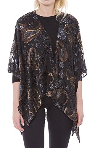 BYOS Boho Stylish Semi Sheer Mesh Open Front Burnout Floral & Paisley Print Velvet Kimono Cardigan Robe (Black Paisley)