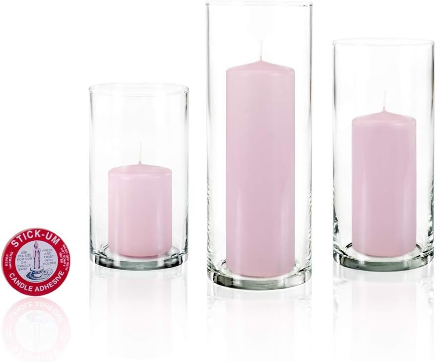 Yummi Set of 12 Slim Pillar Candles and Cylinder Vases