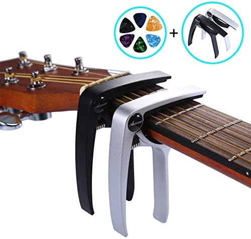 Asmuse Guitar Capo Trigger 2 Pack with 6 pcs Guitar Picks Single Hand Use Quick Change Aluminum Alloy Capos for Classical Acoustic Electric Guitars Bass Ukulele(2 Pack)