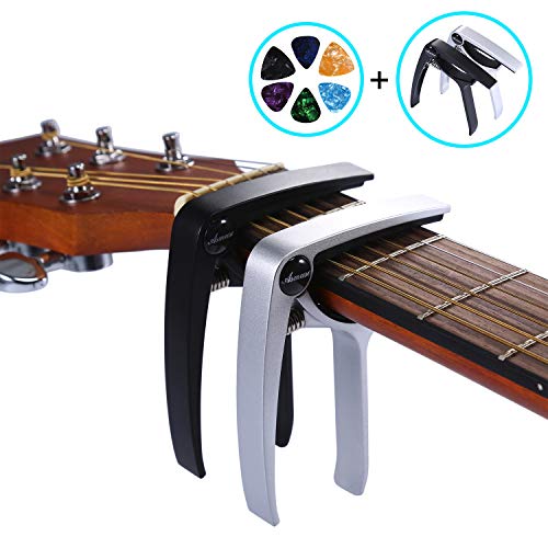 Asmuse Guitar Capo Trigger 2 Pack with 6 pcs Guitar Picks Single Hand Use Quick Change Aluminum Alloy Capos for Classical Acoustic Electric Guitars Bass Ukulele(2 Pack)