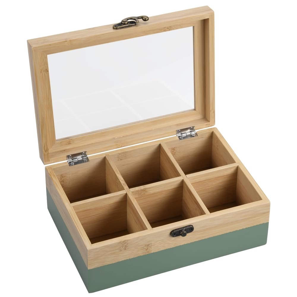Kesper® | Tee-Box, Material: FSC®-zertifizierter-Bambus – 6 Fächer – mit Sichtfenster & Retro-Verschluss – Teebox zur Aufbewahrung, Maße: 21,5x15x8,5 cm – ohne Tee, Farbe: Grün-Natur | 58941