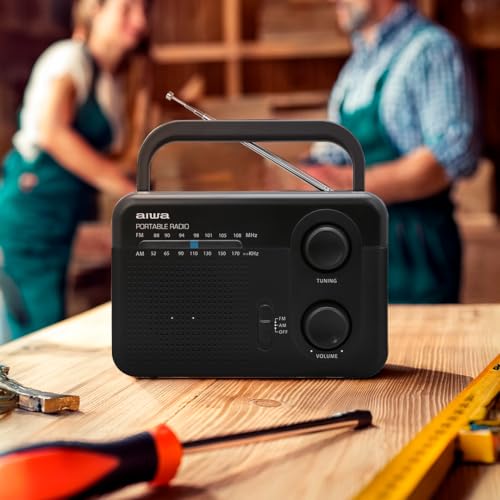 Aiwa Radio Analógico Portátil AWFML4 Am 520-1710 kHz FM 87.5-105 MHz Altavoz 3″ AUX, Bateria Recargable, Antena, Entrada de Auriculares 3.5 mm Color Negro