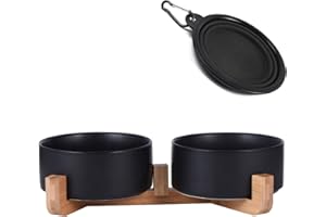 Petygooing Ceramic Dog Cat Bowls Set with Stand,Black Pet Food and Water Bowl,Small Dog Bowls Cute Modern Anti Slip Set of 2 Pet Feeder Small Size Pet Dish(13.5OZ/5.1 in)
