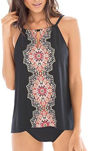 Womens Two Pieces Tribal Printed Flyaway Tankini Retro Embroidery Sets Black Triangle Minimalist Sling Type Swimsuit