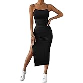 SHENHE Women's Split Thigh Twist Backless Spaghetti Strap Sleeveless Bodycon Midi Dresses