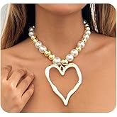 Exaggerated Heart Pendant Pearl Necklace,Charming Plated Gold Chunky Love Ball Statement Choker,Sweet Heart Beaded Collar Necklace for Women