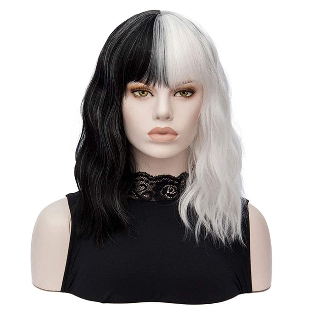 Photo 1 of FVCENT Short Curly Shoulder Length Full Bang Women Bob Wig for Cruella Costume Women for Halloween Party Costume (Black and White Without accessories)