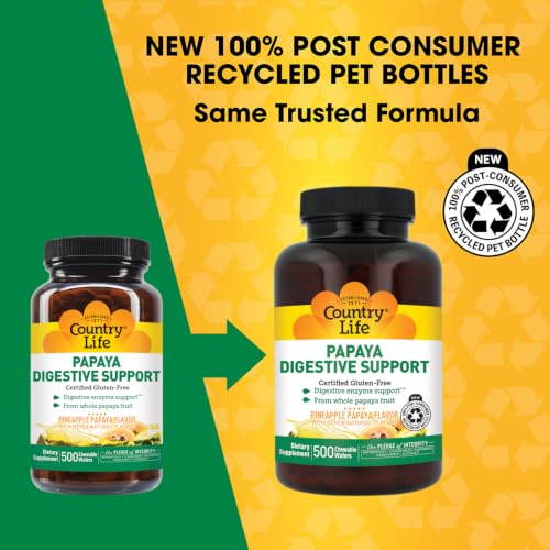 Country Life Chewable Papaya Enzymes for Digestion Support - Natural Pineapple & Papaya Flavor, Assists with Nutrient Absorption, Contains Papain & Protease - 200 and 500 Wafers Available | Chewable, Digestion Support, Assists Nutrient Absorption, Contains Papain & Protease