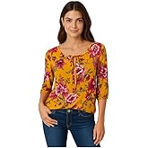 Star Vixen Women's 3/4 Sleeve Peasant Elastic-Hem Keyhole-tie Top, Gold Floral, PL