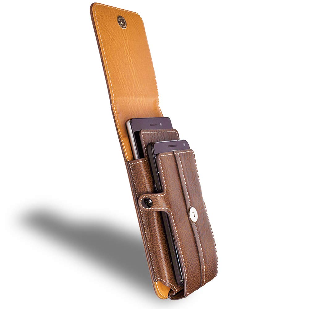AXELENS Cover Universal Pouch Case for Two Smartphones (from 6.0 '' to 6.5 '') Carabiner for Belt and Convenient Clip Closure Vertical Wallet - Leatherette BROWN