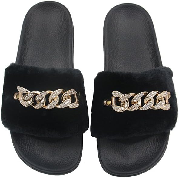 JOURNEI Fur Slides Metal Chain Links with Crystals Sandals Slippers for Women Girls Flats Shoes