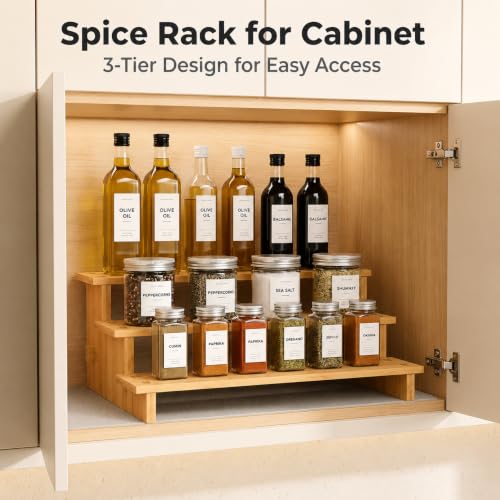 Keqin 3 Tier Bamboo Spice Rack Organizer for Cabinet, Spice Organization and Storage, Seasoning Organizer, Kitchen Cabinet Organizer, 40x21x14cm