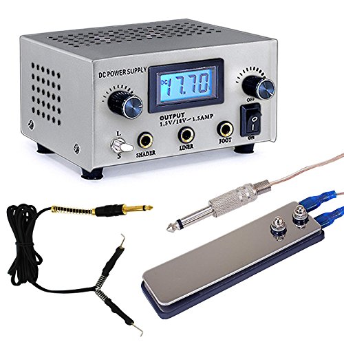 AmeriVolt Dual Tattoo Power Supply Kit for Two Machines w/ Flat Foot Pedal & Clip Cord - Silver