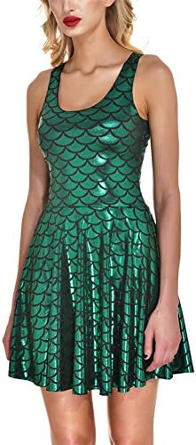 Womens Mermaid Dress Plus Sleeveless Shiny Short Tank Pleated Party Print Skater Dresses