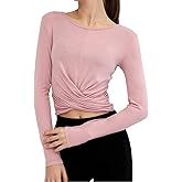 DREAM SLIM Womens Cute Long Sleeve Crop Tops Casual Fit Cross Wrap Yoga Running Shirts Gym Workout Tank Tops