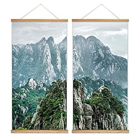 2 Panel Hanging Poster with Wood Frames - Landscape of Mountains - Ready to Hang Decorative Wall Art - 18"x36" x 2 Panels